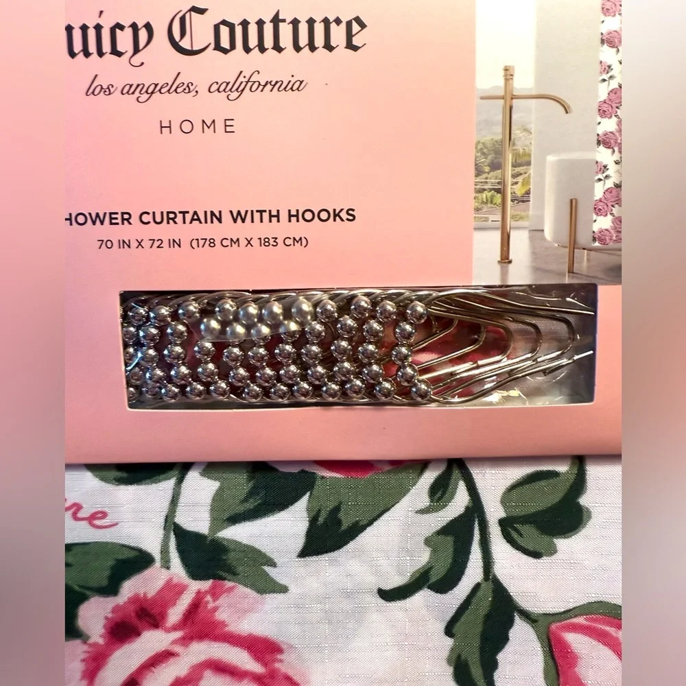 Juicy Couture Los Angeles NWT Beautiful Pink Rose Floral Shower Curtain & Hooks